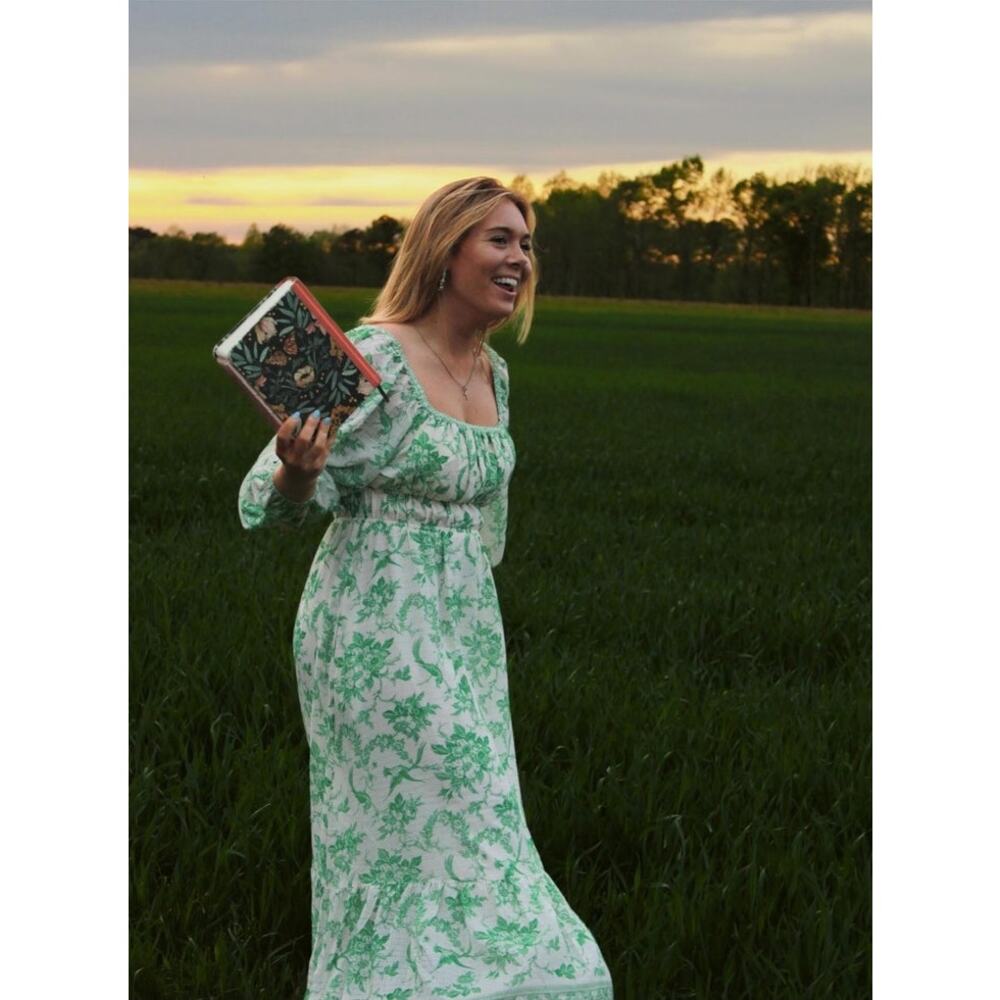 Max Studio London Floral Midi Sundress Green White Cotton Puff Sleeve Size S